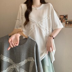 批发<b class='q'>实拍</b><b class='q'>大码</b>高级感蝴蝶结短袖T恤女夏胖MM宽松遮肚显瘦减龄针织上衣