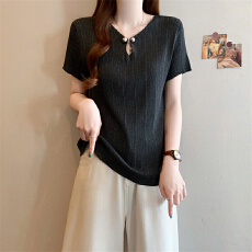 批发实拍大码设计感时尚镂空短袖针织T恤女胖MM夏季独特小个子上衣