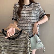 批发实拍大码复古条纹圆领短袖冰丝针织衫女夏季胖MM镂空拼色洋气上衣