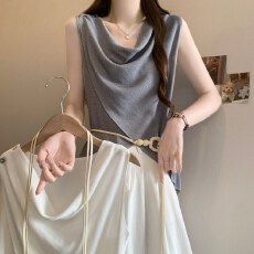 批发实拍大码荡领不规则针织背心女胖MM修身显瘦系腰带无袖打底衫上衣