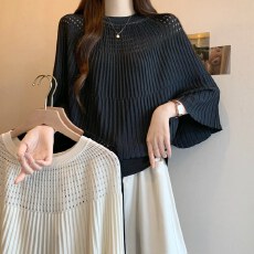 批发实拍大码慵懒风蝙蝠袖<b class='q'>宽松</b>针织衫女胖MM冰丝镂空高级感褶皱上衣