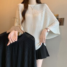 批发实拍法式高级感镂空蝙蝠袖针织衫女夏季<b class='q'>胖</b>MM<b class='q'>时尚</b>气质显瘦百搭上衣