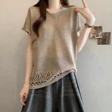 批发实拍大码冰丝V领镂空针织短袖T恤女<b class='q'>夏</b>季胖MM薄款宽松显瘦百搭上衣