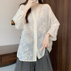 批发实拍大码慵懒风杏色蕾丝刺绣绝美开衫女夏季胖MM薄款九分袖防晒衣