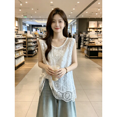 批发大码蕾丝钩花镂空吊带女夏季胖MM宽松遮肚子外穿中长款无袖上衣
