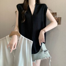 批发实拍夏季薄款法式上衣V领无袖<b class='q'>马甲</b>女式气质绝美冰丝针织衫上衣