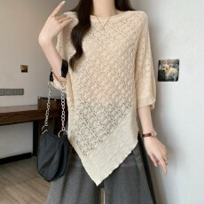 批发实拍<b class='q'>大码</b>不规则镂空蝙蝠袖针织T恤衫女胖MM慵懒风松弛感百搭上衣
