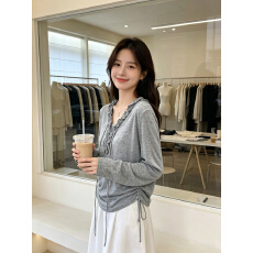 批发韩系灰色木耳边V领长袖<b class='q'>T</b><b class='q'>恤</b>早秋新款<b class='q'>宽松</b>防晒罩衫系带薄款百搭上衣