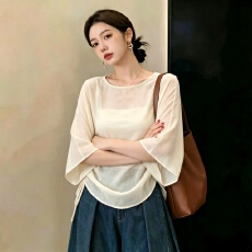 批发法式白色蝙蝠袖圆领抽绳<b class='q'>雪纺</b>衫女夏季薄款百搭宽松防晒衣罩衫上衣