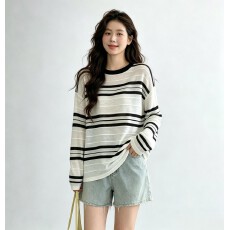批发实拍大码条纹插肩袖冰丝防晒罩衫女早秋胖MM宽松长袖T恤打底衫