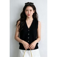 批发实拍大码单排扣V领针织背心女夏季韩版宽松显瘦无袖<b class='q'>上衣</b>百搭坎肩