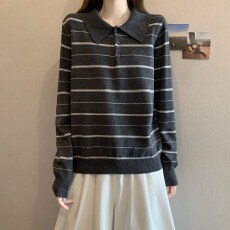 批发实拍<b class='q'>秋</b>冬大码女装气质条纹Polo领毛衣学院风套头宽松百搭针织衫