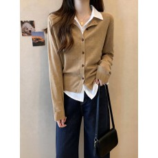 批发实拍老钱风假两件V领针织开衫女秋<b class='q'>冬</b>韩系高级感宽松百搭毛衣外套