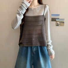 批发实拍大码秋冬圆领撞色拼接假两件<b class='q'>短款</b><b class='q'>针织衫</b>女微胖显瘦打底衫上衣