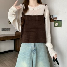 批发实拍假两件撞色<b class='q'>针织衫</b>女秋季新款慵懒风上衣女微胖<b class='q'>短款</b>遮肚打底衫