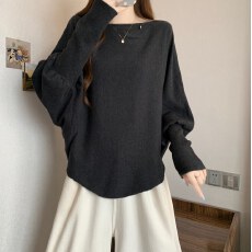 批发实拍大码宽松慵懒蝙蝠袖<b class='q'>针织衫</b>女胖mm一字肩遮肚子上衣长袖打底衫