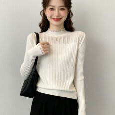 批发实拍<b class='q'>大码</b>秋冬蕾丝领花边针织衫女胖mm内搭长袖修身显瘦上衣打底衫