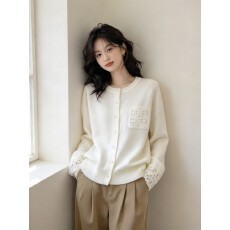 批发实拍大码温柔风蕾丝拼接针织<b class='q'>开衫</b>女秋冬宽松显瘦<b class='q'>镂空</b>口袋毛衣外套