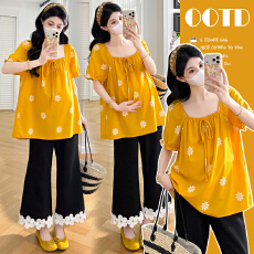 批发实拍2026新款孕妇宽松上衣定制姜黄色印花微胖衬衣夏季复古罩衫