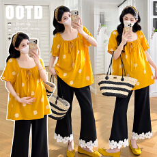 批发实拍2026新款孕妇宽松上衣定制姜黄色印花微胖衬衣夏季复古罩衫