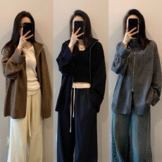 批发高领拉链针织开衫女秋冬韩系慵懒风宽松加厚羊绒<b class='q'>毛衣</b>外套上衣秋