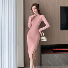 批发甜美温柔减龄复古国风新中式改良少女<b class='q'>旗袍</b>年轻款纯欲针织<b class='q'>连衣裙</b>子