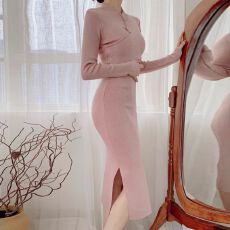 批发复古国风新中式改良<b class='q'>旗袍</b>秋冬针织<b class='q'>连衣裙</b>气质紧身显瘦包臀开叉裙子