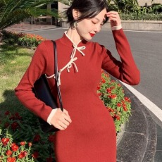 批发新中式改良<b class='q'>旗袍</b>法式复古洋气蝴蝶结性感立领包臀针织<b class='q'>连衣裙</b>拼接秋