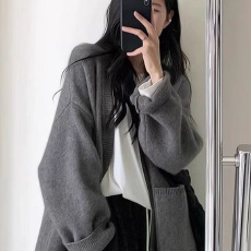 批发2025秋冬新款女装黑色毛衣开衫<b class='q'>外套</b><b class='q'>中长款</b>显瘦慵懒风针织上衣外穿