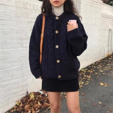 批发毛衣女秋冬<b class='q'>韩版</b>宽松外穿重工麻花加厚慵懒风chic长袖针织开衫外套