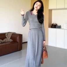 批发学院风时尚减龄穿搭<b class='q'>套装</b>女2026年春季撞色翻领针织衫+高腰百褶裙