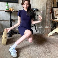 批发2026年夏季POLO领弹力娃娃裙/设计感收腰显瘦蓬蓬a字短裙<b class='q'>连衣裙</b>女