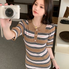 批发撞色条纹polo领短袖连衣裙女夏季修身收腰针织<b class='q'>裙子</b>设计感包臀短裙