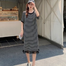 批发流苏裙短袖<b class='q'>连衣裙</b>2026年夏季休闲针织条纹裙直筒裙中长款裙子女