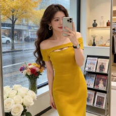 批发韩国纯欲极简风一字肩针织<b class='q'>连衣裙</b>女2026年夏季设计感显瘦性感长裙