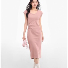 批发简约方领气质短袖<b class='q'>连衣裙</b>女夏季新款修身收腰针织外穿过膝包臀长裙