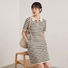 批发韩版polo领<b class='q'>条纹</b>针织<b class='q'>连衣裙</b>女夏季小众设计感裙子小个子a字短裙子