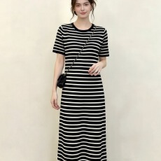 批发2026新款法式气质裙子女夏季巨好看的黑色<b class='q'>条纹</b>流苏掐腰短袖连衣裙