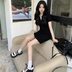 批发美式POLO翻领针织短袖连衣<b class='q'>裙</b>夏女神气质<b class='q'>修身</b>显瘦辣妹开叉包臀短<b class='q'>裙</b>
