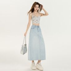 批发夏季新品后腰皮牌简约牛仔裙女后开叉时尚百搭半身裙