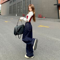批发2026美式<b class='q'>弹力</b>海鸥线收腹深蓝色休闲宽松垂感阔腿裤