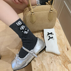 批发时尚潮流坑条直筒袜子女防臭抑菌舒适蕾丝蝴蝶结潮袜5双