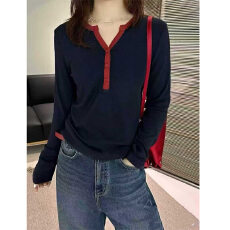 批发实体档口辣妹风性感<b class='q'>V领</b>舒适上衣女修身显瘦气质舒适纽扣长袖<b class='q'>T</b><b class='q'>恤</b>