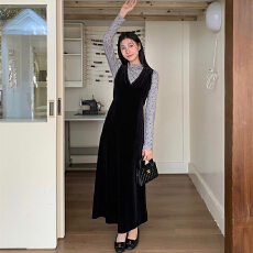 批发实体档口秋季新款时尚套装女秋波点<b class='q'>打底</b>衫+丝绒背心连衣裙两件套