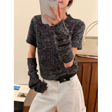 批发实体档口韩系螺纹领设计杂色针织短袖T女2025秋季新款毛衣<b class='q'>打底</b>衫