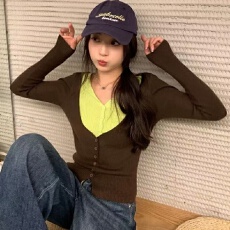 批发秋季新款韩系时尚收腰显瘦长袖T恤女V领性感纽扣撞色假两件针织衫