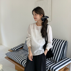 批发实体档口新品圆领淑女通勤香槟色宽松泡泡长袖衬衫上衣<b class='q'>雪纺</b><b class='q'>衫</b>百搭