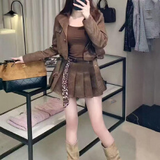 批发实体档口<b class='q'>连衣裙</b>女2025秋季高级感绑带收腰翻领长袖鹿皮绒百褶裙