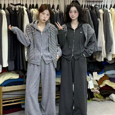 批发实体档口秋冬季运动女开衫连帽外套条纹披肩休闲<b class='q'>长裤</b>气质三件套