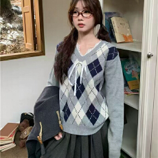 批发实体档口学院风V领蕾丝拼接菱格毛衣女秋撞色慵懒宽松针织衫上衣